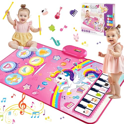 Dromlag Einhorn 3-in-1 Musikmatte, Spielzeug Ab 1 2 Jahre Mädchen Spielmatte Mit 8 Tiergeräuschen, 10 Demoliedern, Geschenk 1 2 Jahre 1. Geburtstag Einhorn Geschenke Für Mädchen Lernspielzeug