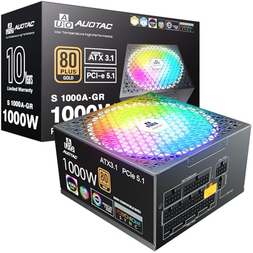 Auotac 1000W Fully Modular Power Supply, 80+ Gold Certified PSU, ATX 3.1 & PCIe 5.1 Ready, 12V-2x6 Native Connector, 140mm RGB Low-Noise Smart Fan, 105℃ Japanese Capacitors, Black