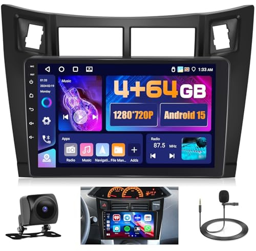 Hikity 4+64GB Android 15 Autoradio för Toyota Yaris 2005-2011 Med Trådlös Carplay Android Auto, 9 Tum Skärm med Navi WiFi Bluetooth FM RDS SWC Backkamera