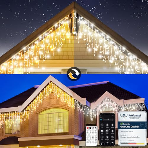 Luci Natale da Esterno Cascata, Luci Natale Esterno Bianco Caldo e Freddo, Tenda Luci Natale Esterno con APP e Telecomando, 17 Modalità, 4 Luminosità, Timer, Decorazioni Natale Esterno(5M-200L,C/F)