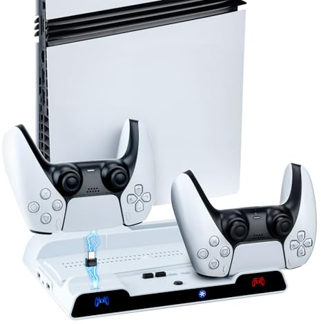 Wigearss Ventilateur Station de Refroidissement pour PS5/PS5 Slim/PS5 Pro, Support de Charge Vertical avec Chargeur Double Manette, Vitesse de Ventilation Réglable sur 3 Niveaux