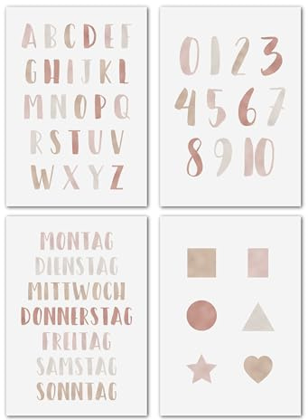 LAVEMA Bilder Kinderzimmer Mädchen | Poster Zahlen Buchstaben ABC Formen | Poster A4 ohne Bilderrahmen Deko Bilder Lernen Babyzimmer Mädels Rosa Lernposter Alphabet Vorschule Bildungsplakate Kinder