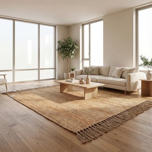 FURNISHFUL FINESSE Handwoven Natural Jute Area Rug with Tassels – 150 x 210 cm Reversible Organic Fiber Carpet – Boho Chic Home Decor, Eco-Friendly, for Living Room & Bedroom Floor Mat | Hand woven from 100% burlap, natural boho look, reversible, ideal for living room, bedroom and kitchen.