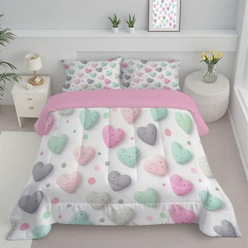 JEDTAKCT Trapunta Singolo Per Bambini, Con Stampa Cuore A Pois 3D, Trapunta, 4 Stagioni, Semplice San Valentino, Piumone Grigio Chiaro, Letto 140X200 Federa, Reversibile Piumino Senza Copertina