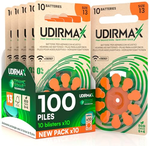 100 Batterien für Hörgeräte PR48 Größe 13 Orange - Udirmax Zink-Luft Batterien Quecksilberfrei 1,45 V Dynamische Sonartechnologie Eco Pack Format - 10 Ökologische Blister mit 10 Batterien