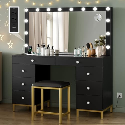 YITAHOME Makeup Vanity Desk with LED Mirror & Light, Large Makeup Table with 8 Drawers, Magnifying Glass, Power Outlets, Hairdryer Holder & Cushion Stool for Dressing Room, Black Vanity Set