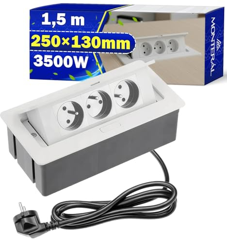 Enchufe Empotrable Mesa 250x130mm Cable 1,5m con 3 Tomas Tipo Francés 3500W | Regleta Empotrable Color Blanco - Garantía de 10 Años - MONTERAL