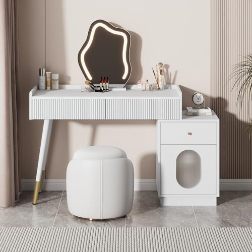 Tocador con espejo LED e iluminación – Juego de tocador blanco para dormitorio con tres cajones espaciosos y una puerta – Dimensiones: B100/H75/T40 cm (sin taburete) (Old SKU RN3190801AAW)