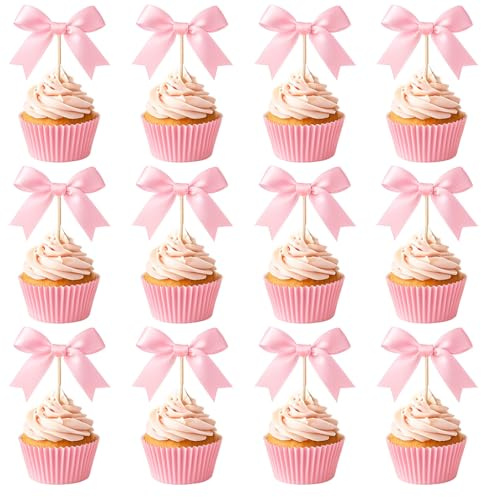 VYNZOR 24 Stück Cupcake Topper Rosa Schleifen – Kuchen Topper Aus Polyester Satinband, Deko Spieße Für Geburtstag, Hochzeit, Babyparty Und Dessert Tischdeko Als Happy Birthday Kuchendekoration