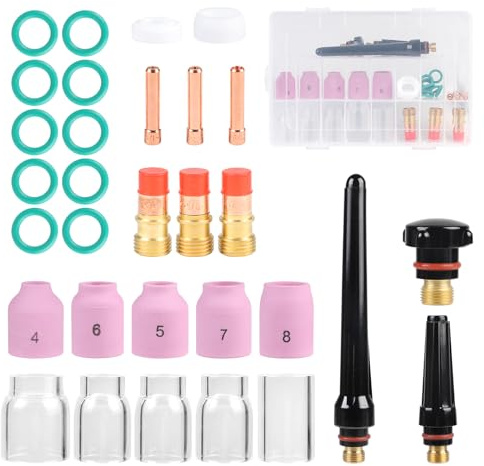 EFUTURETIME 31-tlg WIG Schweißzubehör für WP-17/18/26 Verschleißteile | Schweißgerät-Set mit WIG-Rückkappe, Keramikdüsen, Pyrex-Glasbecher, Spannhülsen, Kurzgaslinse, O-Ringen und Dichtungsring
