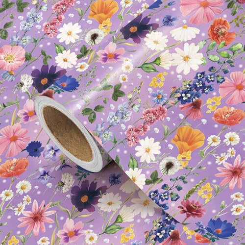 RUSPEPA Geschenkpapierrolle Mit Blumenmuster – Minirolle – 43,2 Cm X 5 M – Geschenkpapier Mit Lila Wildblumen Für Muttertag, Geburtstag Hochzeit, Junggesellinnenabschied, Frühlings-Teeparty