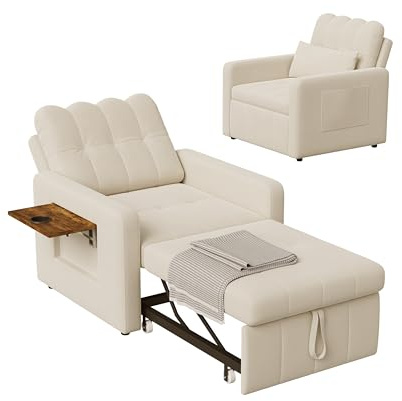 Poltrona letto singolo convertibile 3 in 1, divano letto allungabile, lettos con tavoli da tè pieghevoli, sedia a letto con funzione letto, poltrona regolabile con cuscino, beige, 190x108x86 cm