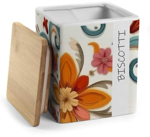 MA MAISON Barattolo Biscottiera Romantic - in Ceramica, con Scritta Biscotti, Motivo Floreale, Elegante, Tappo in Legno, Chiusura Ermetica, Conservazione, Colazione - 13 x 17 cm
