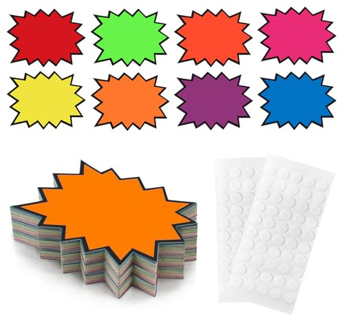 jijAcraft 14x18cm Neon Stars Price Tags: 80Pcs Large Starburst Price Labels | 8 Colours Black Border Fluorescent Star Cards Sale Signs with 100 Sticky Dots for Retail Display, Shop, Car Boot Sale