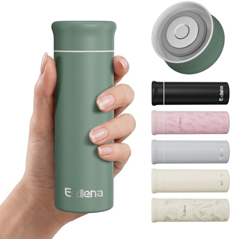 Exllena 250ml Mini Thermal Flask – 100% Leakproof Pocket Travel Mug for Flat White Coffee & Tea – Slim Stainless Steel Small Water Bottle for Handbag, Commute, Milk – BPA Free(Dusty Green)