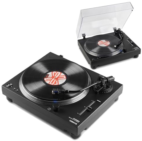 Vonyx DT3000 DJ Turntable Setup, Pair of Belt Drive Record Players With USB, Phono Preamp, S-Shaped Tonearm and AT3600 cartridge for DJ Decks and Hi-Fi