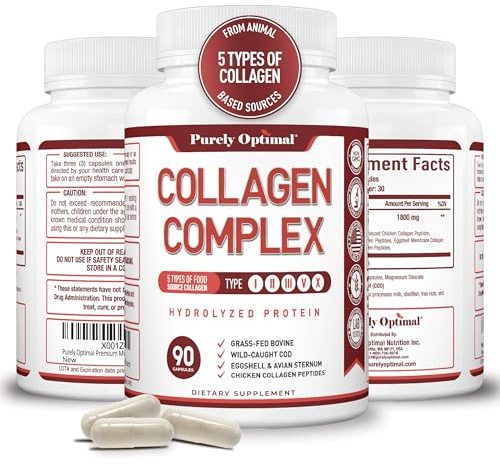 Purely Optimal Premium Multi Collagen Peptides Capsules (Types I, II, III, V, X) - Hair, Skin and Nails, Digestive & Joint Health Supplement, Hydrolyzed Collagen Pills (90 Capsules)