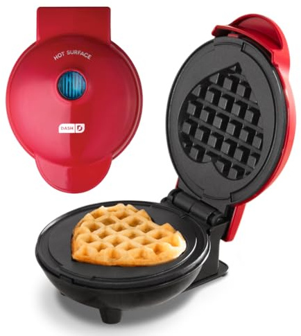 Dash DMW001HR Mini machine pour gaufres individuelles en forme de cœur, paninis, pommes de terre rissolées, autres sur le pouce et autres en déplacement, petit déjeuner, déjeuner ou collations, rouge