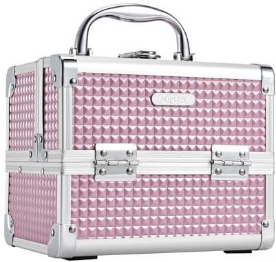 Joligrace Makeup Case Portable Makeup Box Travel Train Case Cosmetic Case Organizer with 2 trays Mirror Locking Make Up Storage Vanity Craft Nail Case Traveling Cosmetic Box for Girls Pink