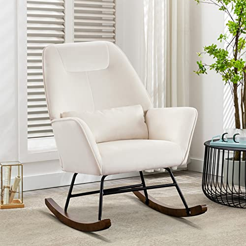 Fauteuil à Bascule en Velours Rembourré avec Support Lombaire, Conception de Protège-Cou, Fauteuil Allaitement à Structure en Métal, Chaise a Bascule pour Salon, Balcon, Chambre d'enfant, Blanc
