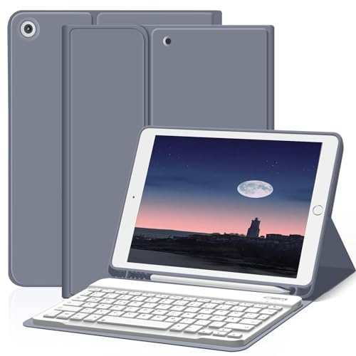 ZOYU Tastatur Hülle für iPad 9./8./7. Generation 10,2 Zoll 2021/2020/2019 | Für iPad 10,2 9/8/7 Gen, Magnetisch Abnehmbarer Bluetooth Keyboard Folio mit Stifthalter, QWERTZ Layout, Violett