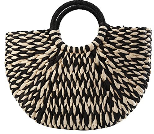JUNYY Reise-Sommer-Rundeimer, Gewebtes Stroh, Henkeltasche, Handgefertigt, Strandtasche, Handtasche Für Damen Und Mädchen (Schwarz + Weiß)