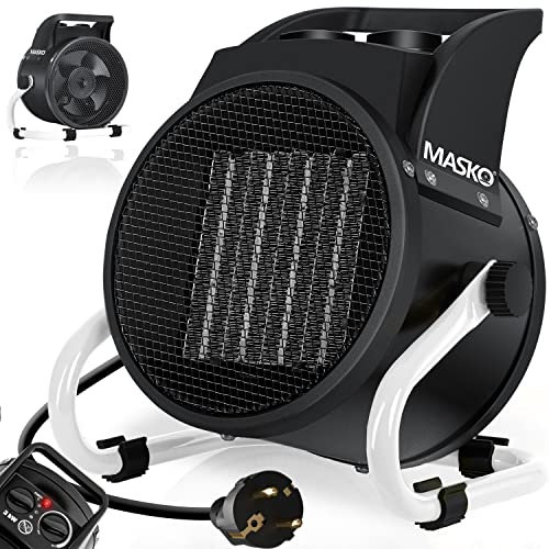 MASKO® Elektroheizer Heizlüfter Bauheizer Keramik Heizstrahler elektrisch Heizgerät mit Thermostat Elektroheizer mit 3 Heizstufen, Heizgebläse für Innen- und Außeneinsatz (Weiß, 3 KW - Rund)