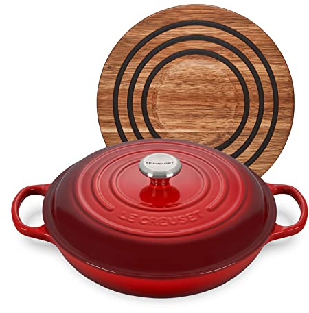 Le Creuset 3 1/2 qt. Signature Cast Iron Braiser Bundle with Magnetic Wooden Trivet - Cerise