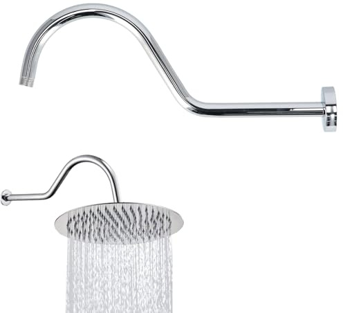17 Inch S Shape Shower Arm Extension, Flange, Silver | Goose neck design, shower head extender, NPT 1/2 connection, wall pipe high rise, chrome plated