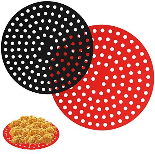 Air Fryer Liners 2 Pieces 8/9 Inch Perforated Baking Paper Airfryer Reusable Silicone Perforated Baking Paper Hot Air Fryer Non-Stick Steamer Mat