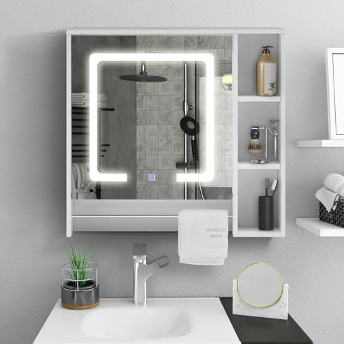 TUKAILAi Badezimmer Spiegelschrank mit LED, Badezimmerschrank mit Handtuchhalter und 3 offene Regale, Wandmontierter Aufbewahrungsschrank, Wandschrank mit verstellbaren Regalen
