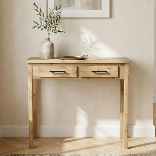 Dekoleidenschaft Beistelltisch Natur aus Holz, 90x34 cm, Telefontisch mit 2 Schubladen, Konsolentisch für Wohnzimmer & Flur, Telefonkonsole, Sofatisch, Holztisch, Ablagetisch, Flurtisch, Holztisch