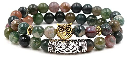 BCughia Armband Perlen Retro, Bracelet Set Aesthetic Bunt Metalllegierung 2Pcs Rundschliff Achat Bead Kette 2Er Set Eule Schmuck Geschenk 19cmx8mm