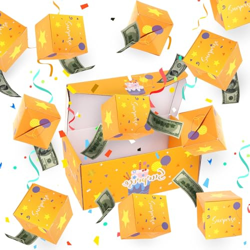 Caja de Regalo Sorpresa, 12uds Caja de Explosión Caja Sorpresa Explosiva Regalo Amarillo Divertida Hucha Tarjetas de Confeti para Niños Amigos Familias Fiesta