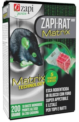 Zapi Garden | Zapi-RAT Matrix Blocco, Topicida, Esca Rodenticida in Blocco con Foro, Appetibile per Topi e Ratti, Astuccio 200g, 10 bustine 20g Cad.