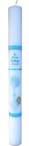 Vela o Cirio Grueso para Bautizos de Niño o Niña decorado con cinta topos azul Medida 4x40cm