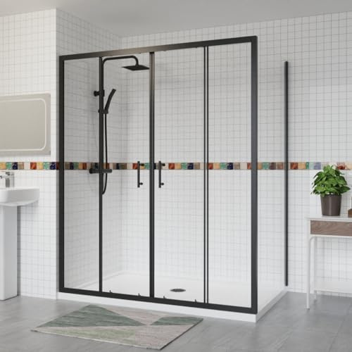 Aquariss 1700x700mm Sliding Shower Enclosure with Side Panel Black | Double Sliding Door, Aluminum Profile, 6mm Tempered Glass, Easy Clean, Stainless Steel Handle, Wall Adjustable, Reversible