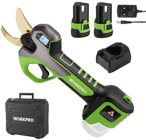 WORKPRO 12V Akku Astschere mit bürstenlosem Motor und 2 Akku, Professionelle elektrische Gartenschere mit Koffer, akku Heckenschere Baumschere für Garten, Äste und Obstbäume