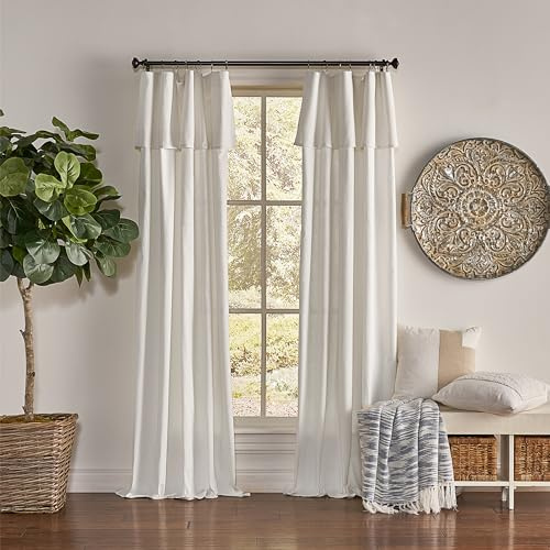 Mercantile Drop Cloth Curtain Panel, Light Filtering Ring & Tab Top with Attached Valance, 63 in Long x 50 in Wide, Farmhouse Single Window Panel, Bedroom, Living Room & Dining Room, Off White
