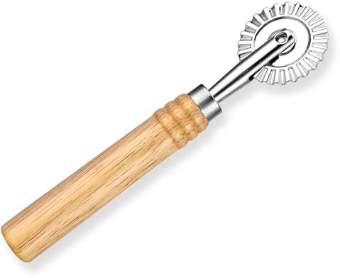 Cortador de rueda de pasta para raviolis con rodillo, cortador de rueda de pastelería, rueda cortador de pizza con mango largo de madera, aleación de zinc, bola de masa de encaje, fideos, raviolis,