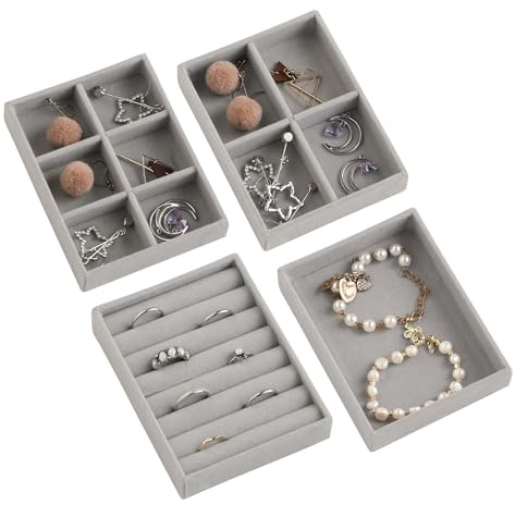 Frebeauty Kleines Schmucktablett, stapelbares Samt-Schmuck-Organizer-Tablett, Mini-Schmuck-Schubladen-Organizer, Schubladeneinsätze, 12 x 9,5 x 2,3 cm, Ohrring-Organizer für Damen (Set 4, Grau)