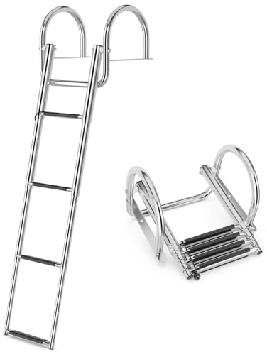 GOPLUS Poolleiter Edelstahl, Bootsleiter klappbar mit Handlauf, 4 Stufen und Antirutschpads, Schwimmbadleiter Tiefbeckenleiter bis 227kg belastbar, Badeleiter für Yacht Deck Pool & Boot, Silber