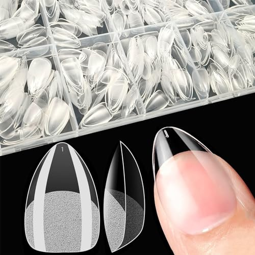 XIAOHEBAN Naglar Tipar, 600st Nails Tips Short Almond 10 Storlekar Tydliga, Tippar för Naglar Korta, Nybörjare Och Nagelkonstsalonger, Nagelförlängningar, Heltäckande Spikspetsar, Korta Mandel