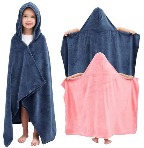Hiturbo 2Pcs Kids Fleece Hooded Towel: Soft Plush Warm Blanket - 50x30 Pool Beach Bath Swim Towel Wrap for 3-12 Yrs (Navy+Pink)