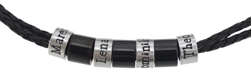 Edelstahl- und Lederkettenset mit Gravuren, 4 Stk. Beads mit Gravur nach Wunsch und 3 Stk. schwarze Beads, personalisierte Herrenkette mit Gravur, Namenskette für Männer