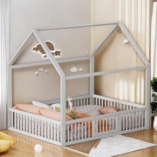 Kinderbett, 140 x 200 cm, mit Lattenrost, Etagenbett für Kinder mit Stufen, Hochbett für 1 Personen mit Kleiderschrank, Kinderbett mit Barriere, Hochbett für Kinder, Weiß