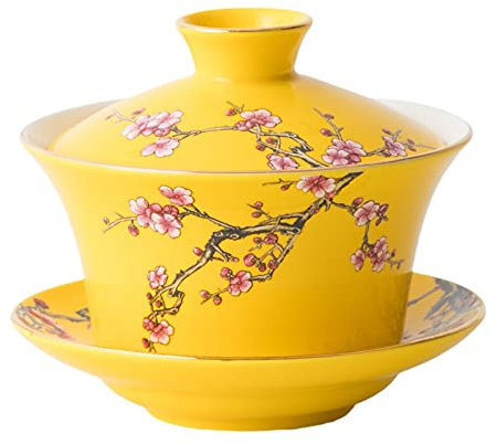 Kung-Fu-Teeschale, groß, 284 ml, Kung-Fu-Teetasse und Untertasse aus Porzellan mit Deckel, traditionell chinesisch, Teeschale – geprägtes Pflaumenmuster (gelb)