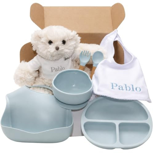 Regalo Ecológico Personalizado para Bebé | Set de Regalos para Niño/Niña | Vajilla de Silicona + Accesorios Personalizados (Azul | Vajilla + Babero + Oso) | BebeDeParis