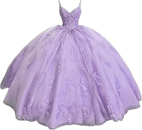 TSxuelian Vestidos de Quinceañera con Tirantes Espagueti para Mujer Vestido de Gala con Apliques de Encaje Dulce 16, Lila, 36