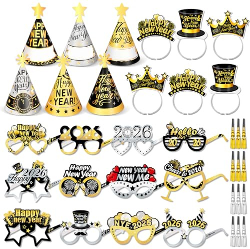 DPKOW Silvester Deko 2027, 36 Stk Happy New Year Haarreif Silvester Partyhüte Brillen, Kopfschmuck Fransenbläser, Schwarz Gold Silber partyzubehör 2027 Foto Requisiten